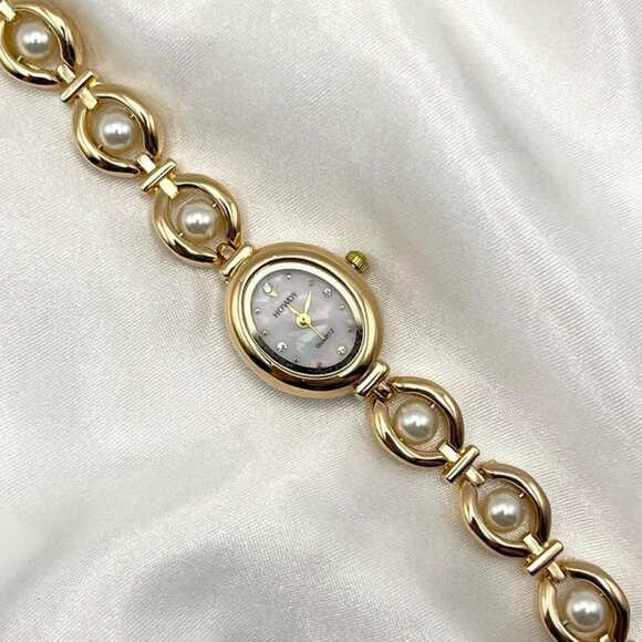 Accessories - Women's Dainty Gold and White Pearl Bracelet Watch